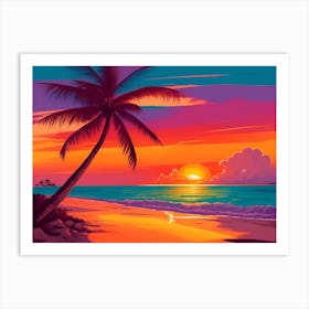 A Tranquil Beach At Sunset Horizontal Illustration 52 Art Print