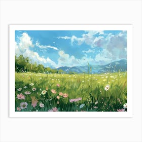 Grassy Landscape With Flowers Art Print
