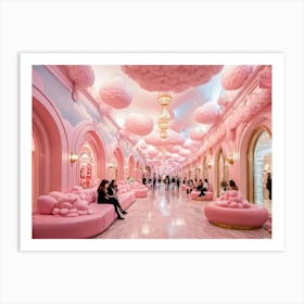 Whimsical Candy Land Themed Mall Corridor With Pink Hues Fluffy Pink Cloud Accents Gold Lined Arch Art Print