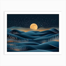 Abstract Sand Dunes Landscape With Moon At Night 1 Affiche