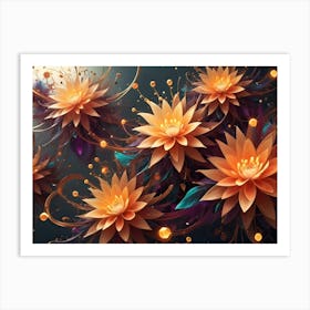 Artistic Illustration Of Glowing, Golden Flowers With Swirling, Abstract Shapes And Colorful Accents Art Print