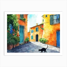 Black Cat In Rome, Italy, Street Art Watercolour Painting 1 Art Print