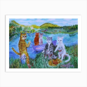 Cats Have Fun A Picnic By The River Art Print