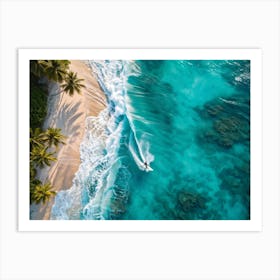 Aerial View Capturing A Single Surfer Carving Through The Azure Waves Silhouetted Against The Cryst (7) Art Print