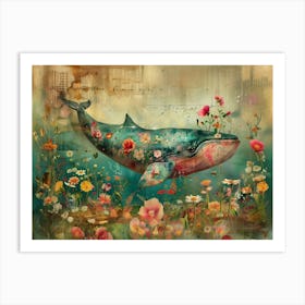 Whale In Flowers. Vintage style illustration. Wall art 02 Art Print