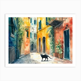 Black Cat In Verona, Italy, Street Art Watercolour Painting 3 Art Print