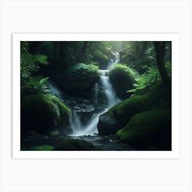 Discovering A Small Waterfall In The Verdant Woods Art Print