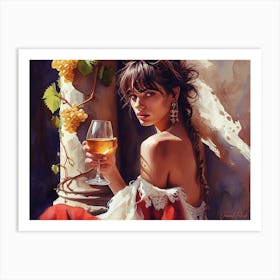 A Boho Woman With Golden Grapes And A Glass Of Wine 2. Art Print