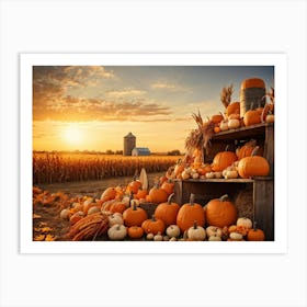 A Vintage Style Autumn Harvest Composition Showcasing Piles Of Pumpkins And Corn Cobs Scattered In (2) Art Print