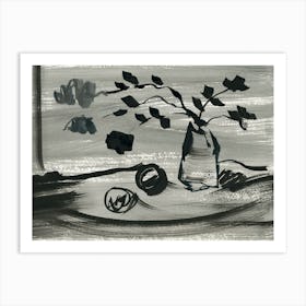 Still Life In Gray - black and white ink minimal modern contemporary hand painted grey gray living roome kitchen bedroom floral Art Print