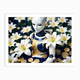 An Android With Gold Accents Lays In A Bed Of White Lilies Surrounded By Gold Coins Art Print