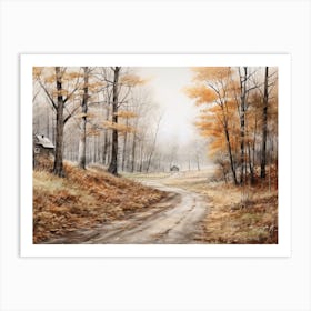 A Painting Of Country Road Through Woods In Autumn 48 Art Print