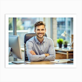 Smiling Businessman Sitting At His Desk Art Print