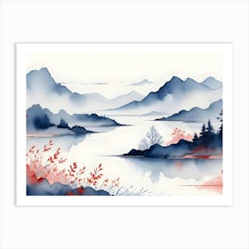 A Watercolor Painting Of A Serene Landscape With A Lake And Mountains In The Background Art Print