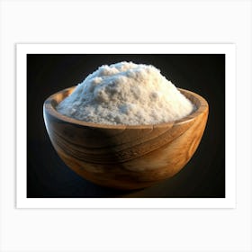 Wooden Bowl Of Fine White Salt On Black Background Art Print