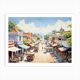 A Young Adventurer Meanders Through The Bustling Streets Of A Summer Town In Thailand Pastel Colore (5) Art Print