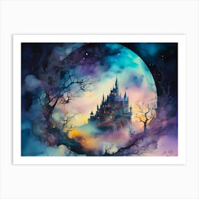 A Magic Castle on a Plateau at Moon Shine - Colorful Water Painting Art Print