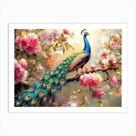 3d Peacock on Branch with Flowers Art Print