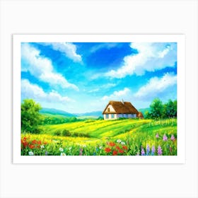 A Traditional Countryside Cottage Basking In The Gentle Embrace Of The Sun Surrounded By A Quilt Of Art Print