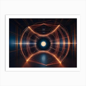 A Dark Room With A Glowing Orb Surrounded By A Web Of Orange Lines, Creating A Futuristic And Abstract Aesthetic Art Print