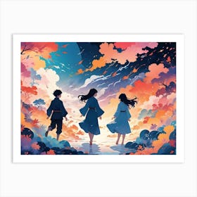 Three Figures Walk Through A Mystical Forest With Swirling, Colorful Foliage And A Celestial Body In The Sky Art Print