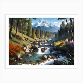 Mountain river in forest #1 - Oil Painting Art Print