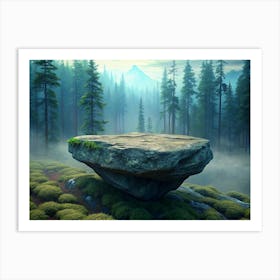 Floating Rock In A Misty Forest With A Mountain In The Background Art Print