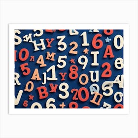 Abstract Image Of Colorful, Wooden Letters And Numbers On A Blue Background, Creating A Random Pattern Art Print