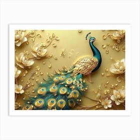 3d Peacock Illustration Background With Golden Jewelry And Flowers 5 Art Print