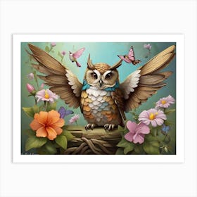 Owl With Butterflies Art Print