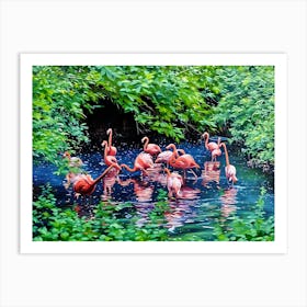 Flamingos in a Tranquil Lagoon. A serene scene of vibrant pink flamingos wading and interacting in a lush, green lagoon surrounded by dense foliage. The water reflects their elegant forms, creating a harmonious connection between nature and wildlife. 7 Art Print