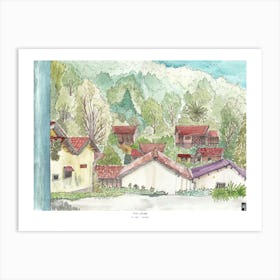 Vietnam Art Print - Wooden Houses in a Forest Watercolor Drawing - Vietnamese Landscape Illustration Art Print