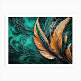 Vibrant 3d Abstract Art with Teal Backdrop, Shimmering Silver Feathers and Bold Volcanic Peaks Art Print