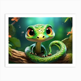 Animated 3d Baby Snake With A Knot In Its Middle Green Eyes And A Playful Demeanor Perched On A Wh Art Print