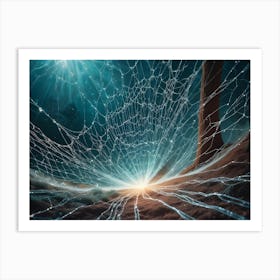 Mystical Forest Scene At Night With A Spiderweb Illuminated By A Bright Light Source, Creating A Magical Atmosphere Art Print