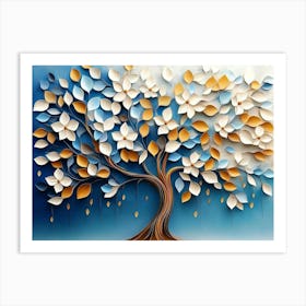 Colorful Tree With Leaves On Hanging Branches Of Blue, White And Golden 4 Art Print