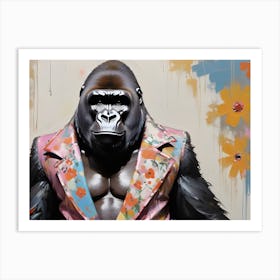 Popart 70s Gorilla In A floral Suit Art Print