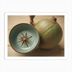 Still Life Image Of A Whole Onion And A Bowl With A Star Shaped Cut Out On A Wooden Surface Art Print