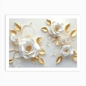 3d White Roses On A White Background, Golden Leaves, An Elegant Floral Pattern Art Print