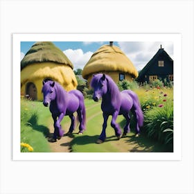 Two Purple Horses Walk Along A Path In A Whimsical, Fairytale Like Setting With Colorful Flowers And Mushroom Shaped Houses Art Print