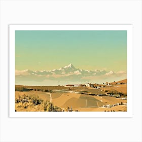 Mountain View Over Langhe Landscape. A serene view of Langhe, Italy, with rolling hills and charming villages in the foreground, set against the stunning backdrop of the snow-capped Alps under a soft, pastel sky. This scene captures the peaceful beauty of the Langhe region, highlighting its harmonious blend of agriculture, historical architecture, and natural grandeur. Art Print