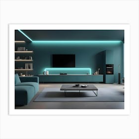 A Modern Living Room Interior With A Blue Sofa, An Armchair, A Coffee Table, A Fireplace, And A Tv Art Print