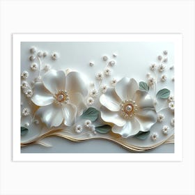 3d White And Blue Golden Jewelry Flowers, In Black Art Print