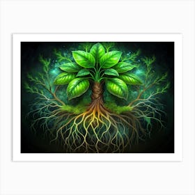 Mystical Tree With Twisted Roots And Green Leaves On Dark Background Art Print