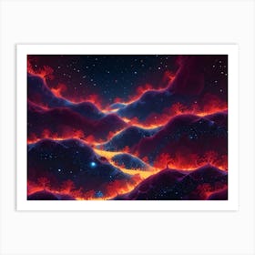 Surreal, Alien Landscape With Glowing, Bioluminescent Trees Growing On Rolling Hills Beneath A Starry Night Sky Art Print