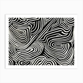 Retro Inspired Linocut Abstract Shapes Black And White Colors art, 200 Art Print