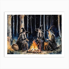 Witches Gather Round The Fire ~ Witchy Spellcasting Spooky Fairytale Watercolour  Art Print