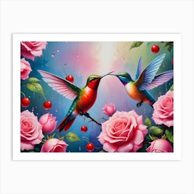 Two Hummingbirds, One Red And One Blue, Touch Beaks In A Romantic Gesture Art Print