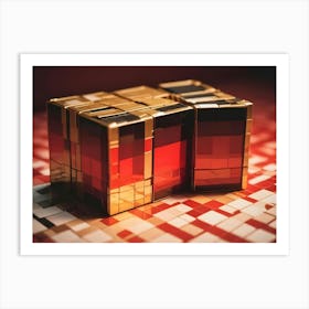 A 3d Model Of A Cube Composed Of Smaller Cubes, With A Red And Gold Color Scheme Art Print