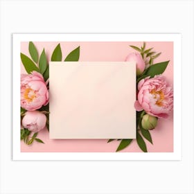 Square Invitation Or Greeting Card Mockup With Pink Peony Flowers On A Pastel Pink Background, Top View, Flat Lay Art Print